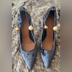 Zara Midnight Blue Velvet Heels with Gold Accents